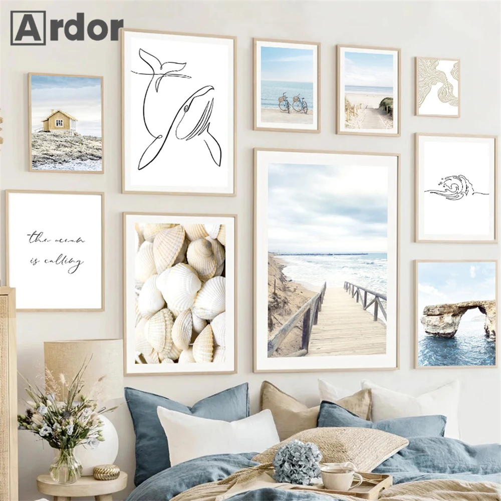

Abstract Sea Wave Beach Shell Posters Bridge Canvas Painting Line Whale Art Prints Nordic Poster Wall Pictures Living Room Decor