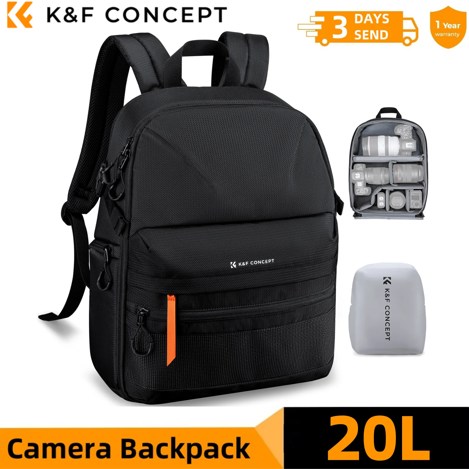 

K&F CONCEPT Lightweight Camera Backpack Waterproof Camera Bag for DSLR/SLR Camera Case 14" Laptop with Tripod Strap Raincover