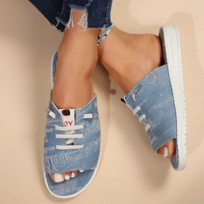 

Women's Slippers Fashion Lace Up Flat Denim Beach Fish Mouth Shoes Casual Design Comfortable Femme Zapatillas Plus Size 36~43