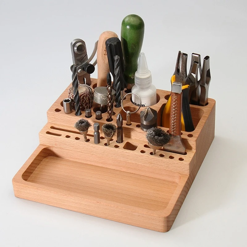 Handmade DIY Beech Wood Tool Rack Printing Tool Leather Carving Punching Diamond Tools Storage Box Leather Making Kit