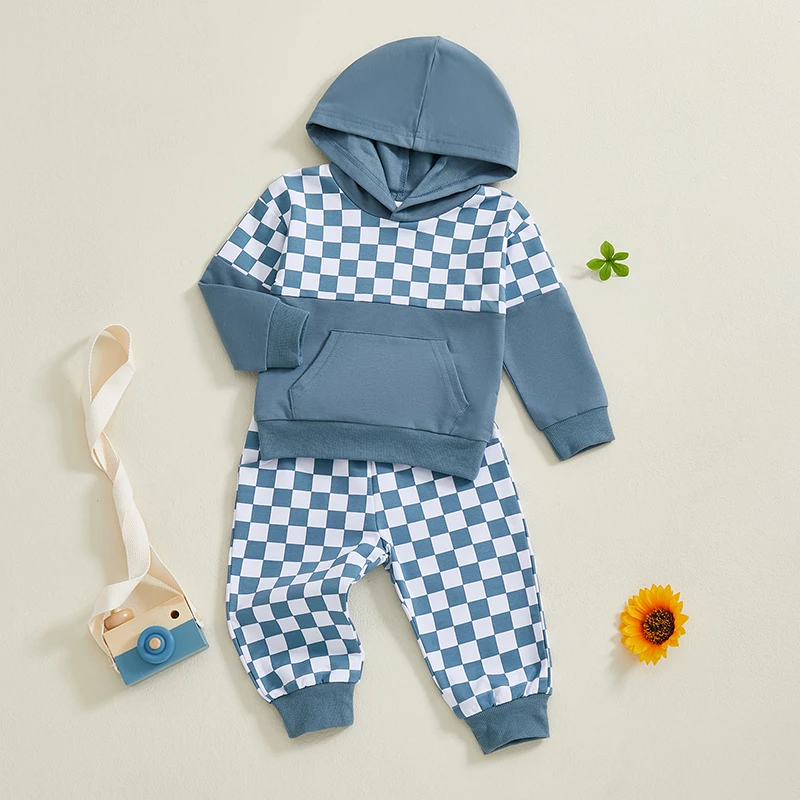 Herbst-Outfits für Kleinkinder und Jungen, kariertes Print-Langarm-Kapuzenpullover mit elastischem Bund und langen Hosen-Set