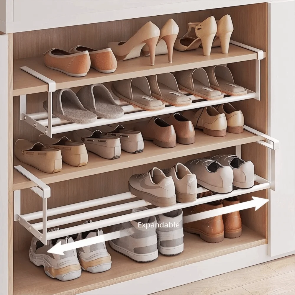 Space Saving Metal Shoe Rack Extendable Adjustable Expandable Shelf Layered Shelf No Drill Shoe Organizer Household Use