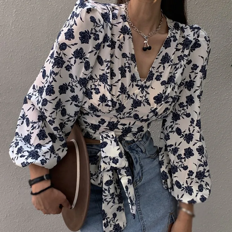 Women\'s Blouses Floral Print V Neck Long Sleeves Chiffon Shirts Ladies Shirts Spring Autumn Casual Tops