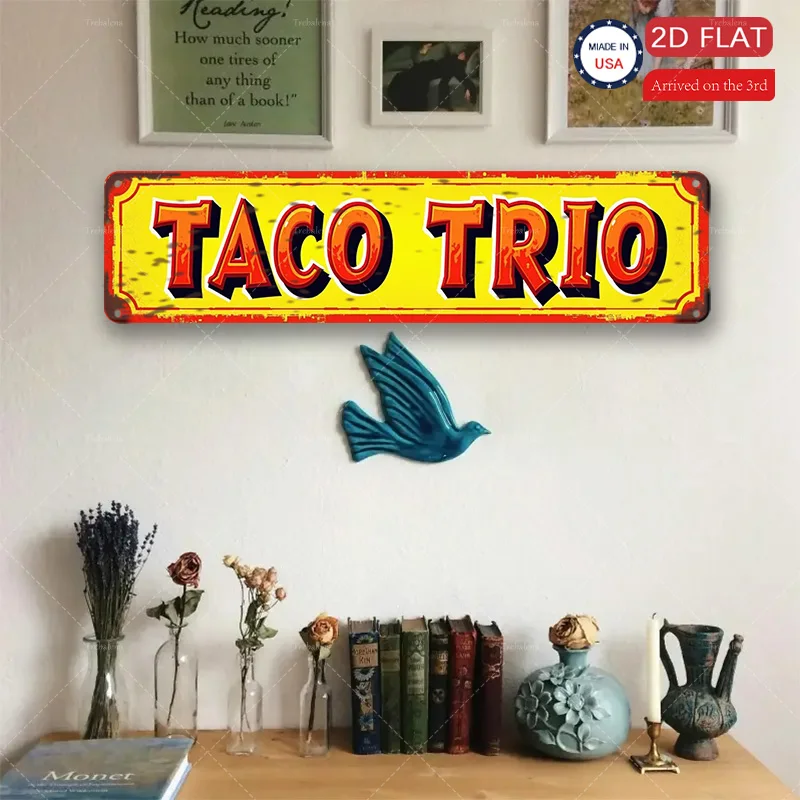 1 قطعة علامة معدنية، 4 × 16 بوصة "علامة "Retro 'Taco Trio" - فن معدني على الطراز العتيق لديكور المطبخ"