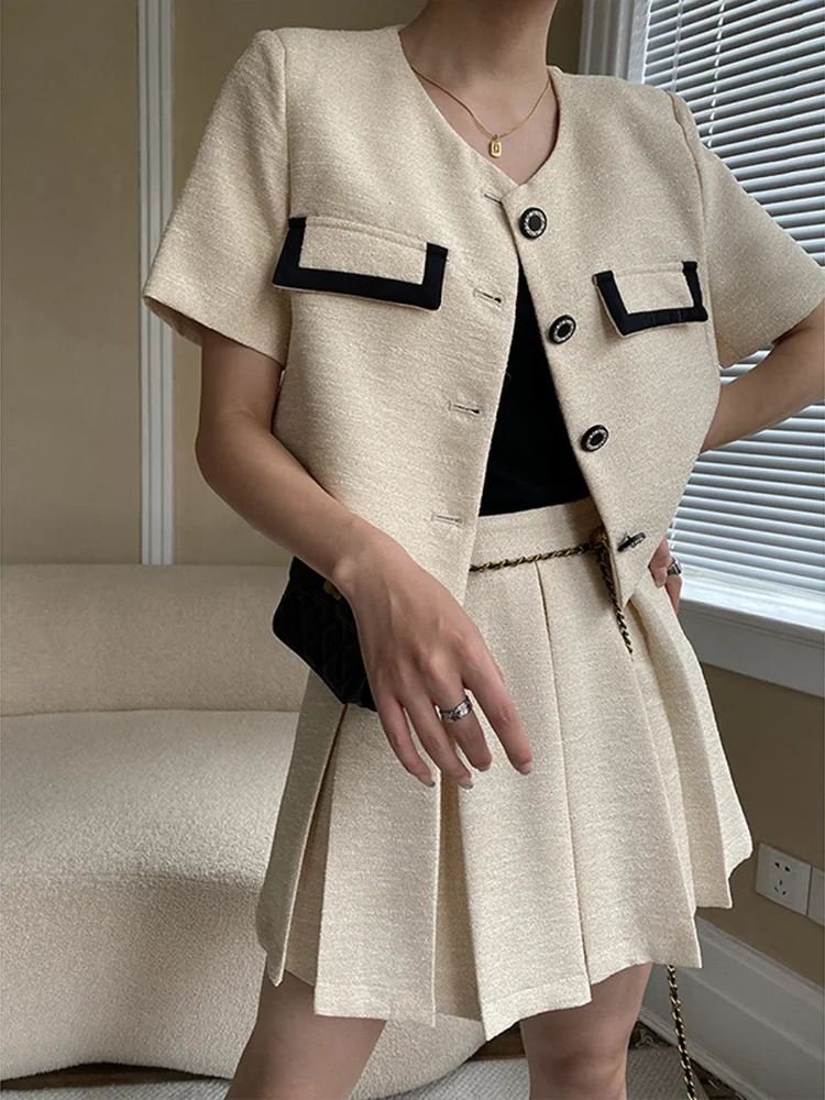 

Women Fashion Patchwork Short Jacket+Pleated High Waist Mini Skirt 2023 Summer New Tide Two-piece Suits Female Elegant Set Y234