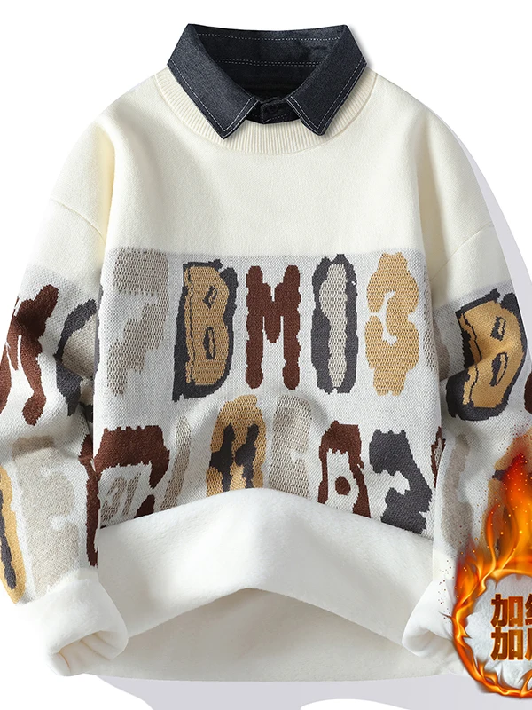 

Thiened Fce внутренний вязаный свитер, комплект из двух предметов для мальчиков и подростков, повседневный теплый длинный свеч irt Sle, зимний базовый слой