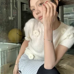 Kırpma Kazaklar 3D Çiçek Tatlı Tüm Maç Sokak Şıklığı Yaz Kızlar İnce Süveter Triko Yuvarlak Boyun Kabarık İhale Estetik Şık