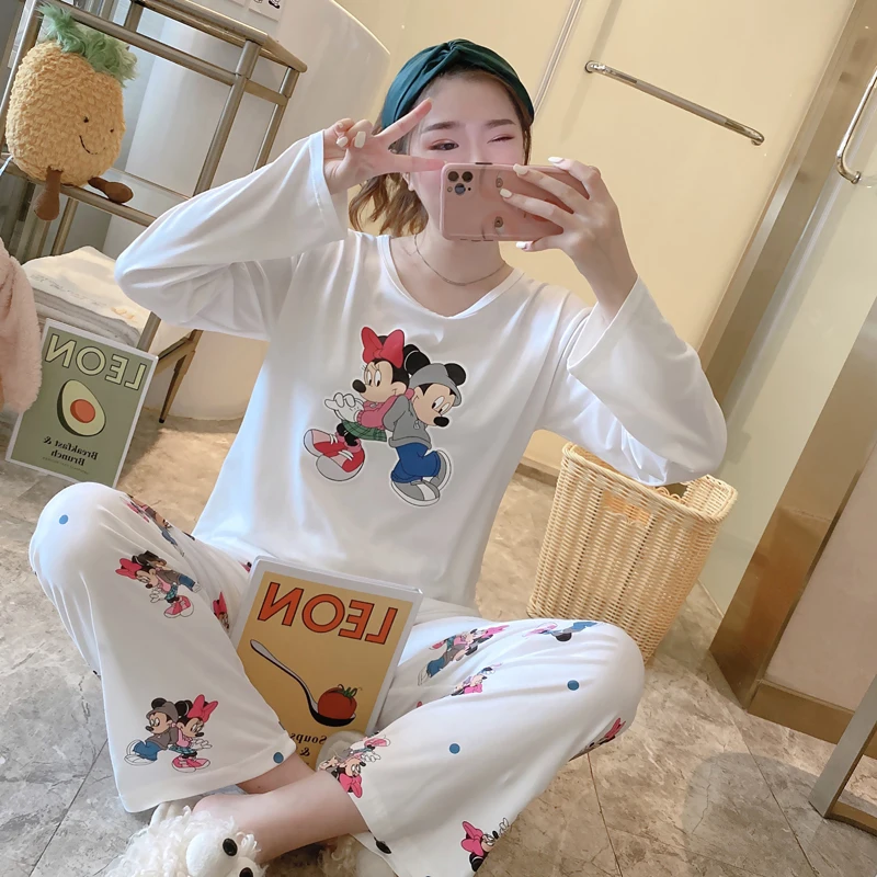 Cartoon Disney Snow White Pajamas Autumn Crew Neck Long Sleeve Pants Two-piece Winnie the Pooh Loungewear Women's Pajamas