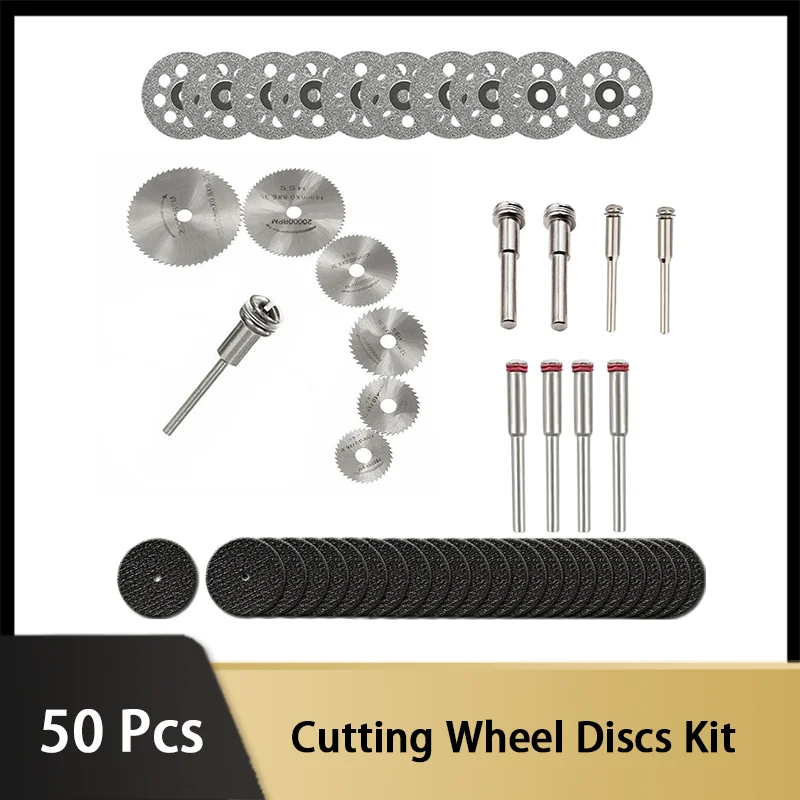 Kit de disques de coupe de roue pour outil lointain, scie circulaire HSS, diamant, mandrins 1/8 ", bois, plastique, coupe de métal, 50 pièces