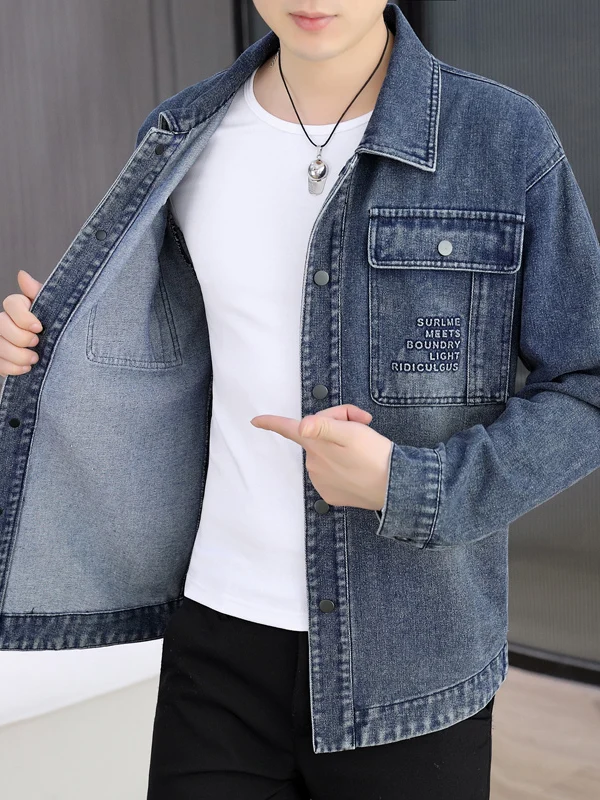 

Spring Autumn New Sle Men's Casual Denim Jaet Premium Feel Stand Collar Workwear Waed Denim irt Coat Long Sve Cott...
