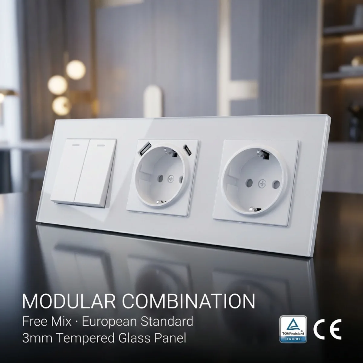 Wallpad White Tempered Glass EU Modular Schuko Socket Switch 1/2 Gang LED USB Type-C Fit EU Round Box Home Bulk Order