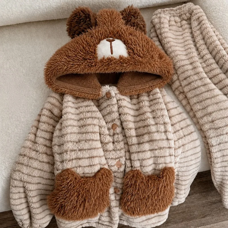 Women Cute Bear Hooded Autumn Winter Coral Fleece Pajama Set Milk Tea Color Striped Loungewear Wearable Outside For Students