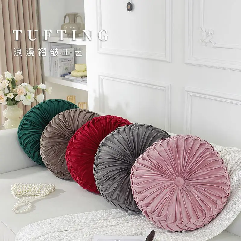 European Style Sofa Pillow Throw Luxury Velvet Cushion Pleated Fabric Handmade Round Wheel Pumpkin Seat Pillow for Kids