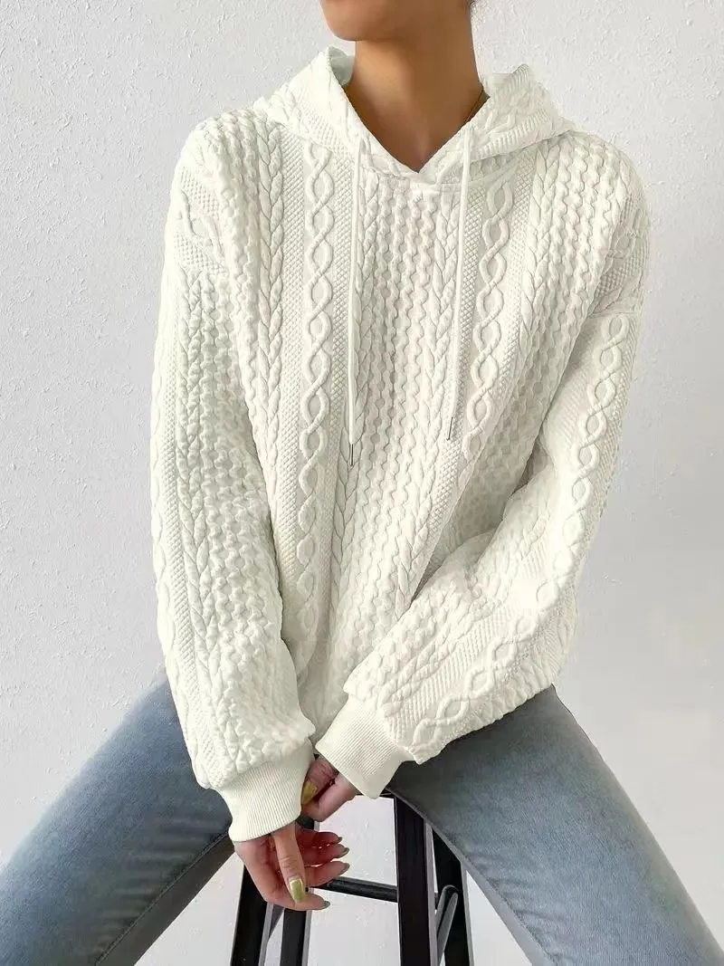 Women's Oversized Medium Weight Long Sleeve Solid Color Hoodie with Drawstring Casual Mid-Length Jacquard Women's Sweatshirt