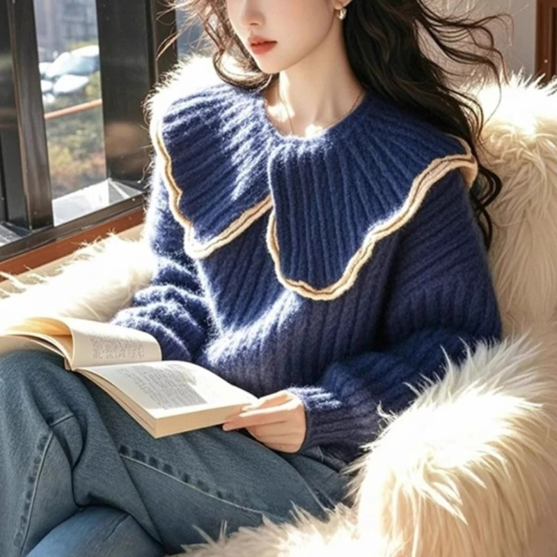 

Весенние пуловеры с воротником, винтажный простой элегантный офисный женский вязаный свитер, женский джемпер, свитер с расклешенными рукавами E11462