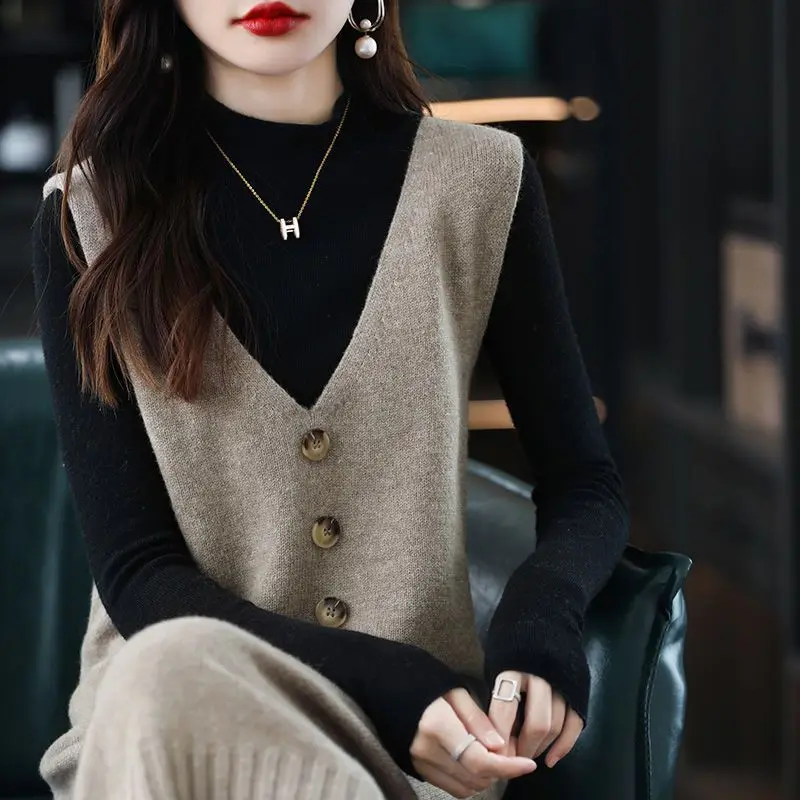 Pullover knitted vest skirt long V-neck casual loose sweater solid 2023 autumn and winter knitted sleeveless women vest sweater