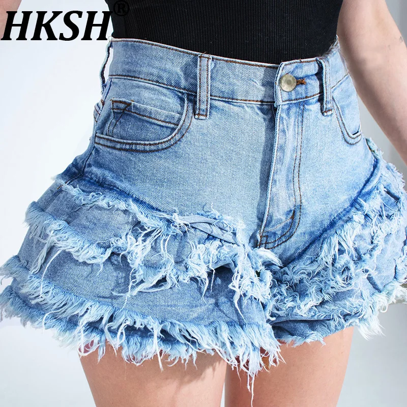 HKSH Women Denim Shorts Distressed Frayed Tassel Washed Vintage Retro High Waisted Trendy Sexy Hot Pants New Summer 2026 HK20977