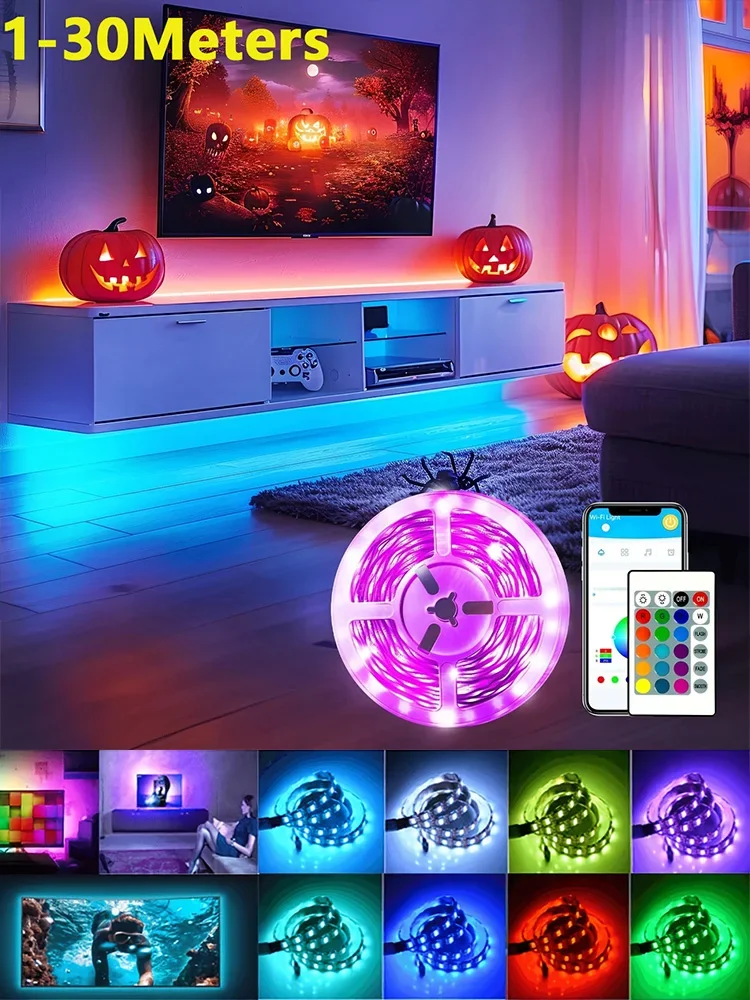 Bande lumineuse LED RGB intelligente, 1-30m, USB, Bluetooth, SMD5050, synchronisation de la musique, changement de couleur, télécommande, contrôle par application, salle de jeux, fête