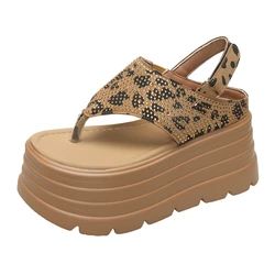 Summer Sandals 8CM Hollow Wedge Heels Leather Sneakers Women High Platform Beach Flip Flops Casual Breathable Walking Slippers