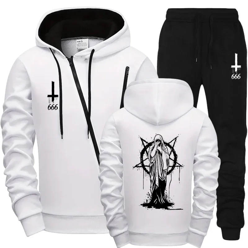 2026 Autumn Winter Hot Sale Mens Tracksuit Set Satan Cross Print Zipper Hoodie Sweatpants Motorcycle Outfit Urban Streetwear