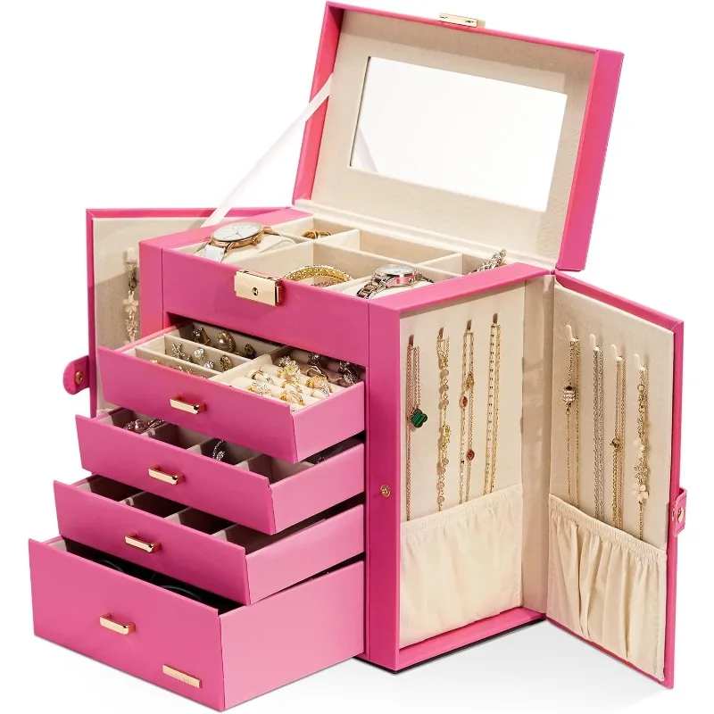 

Synthetic Leather Huge Jewelry Box Mirrored Watch Organizer Necklace Ring Earring Storage Lockable Gift Case (Pink + Gold)