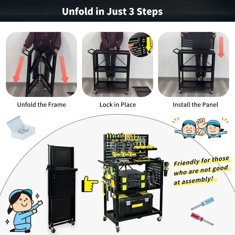 3-Tier Foldable Rolling Tool Cart with Wheels, Utility Cart with Pegboard for Garage Organizer and Tool Storage, Power Tool