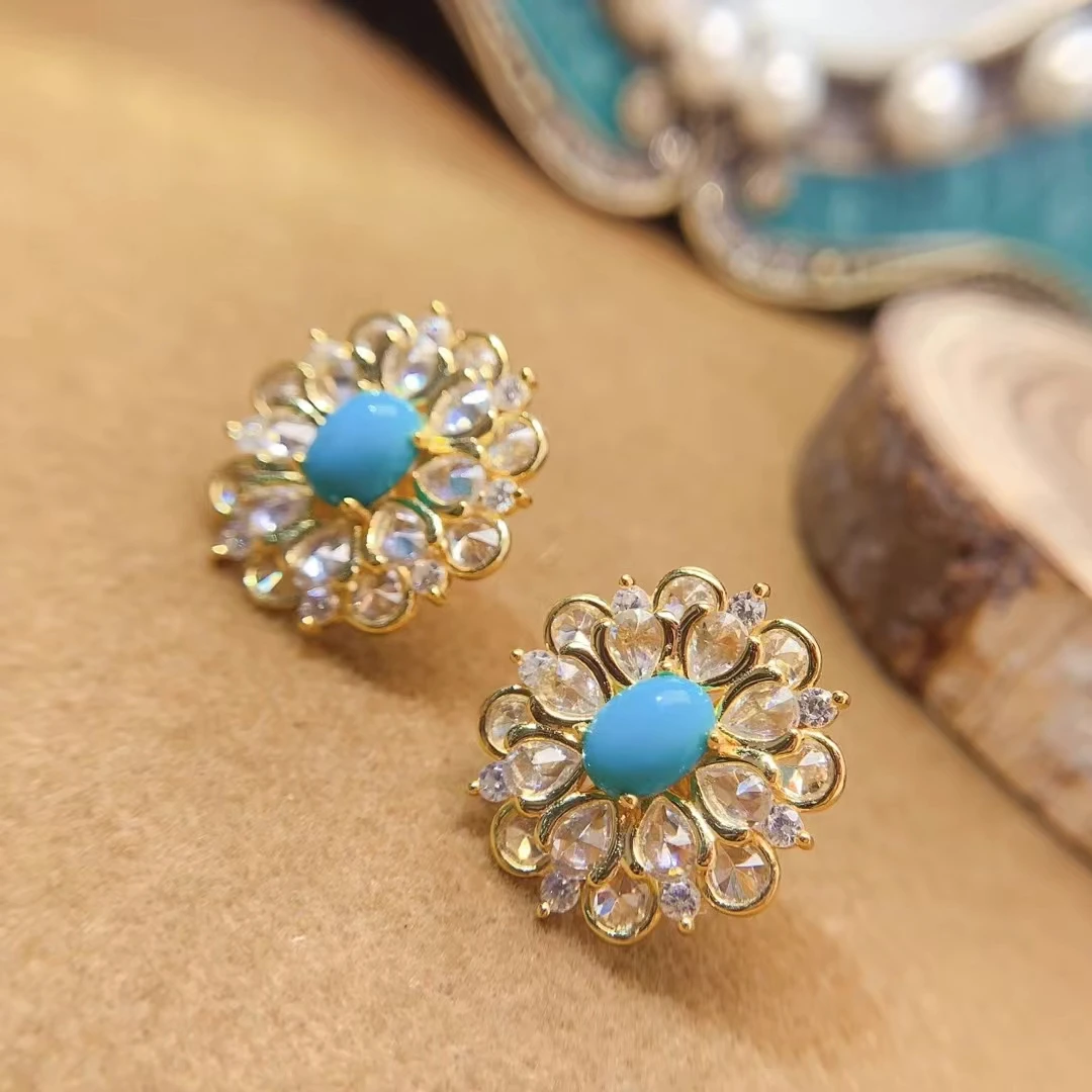 KJJEAXCMY Natural Turquoise New Earrings S925 silver , electroplated locking color process, high clarity Gems Full of luster