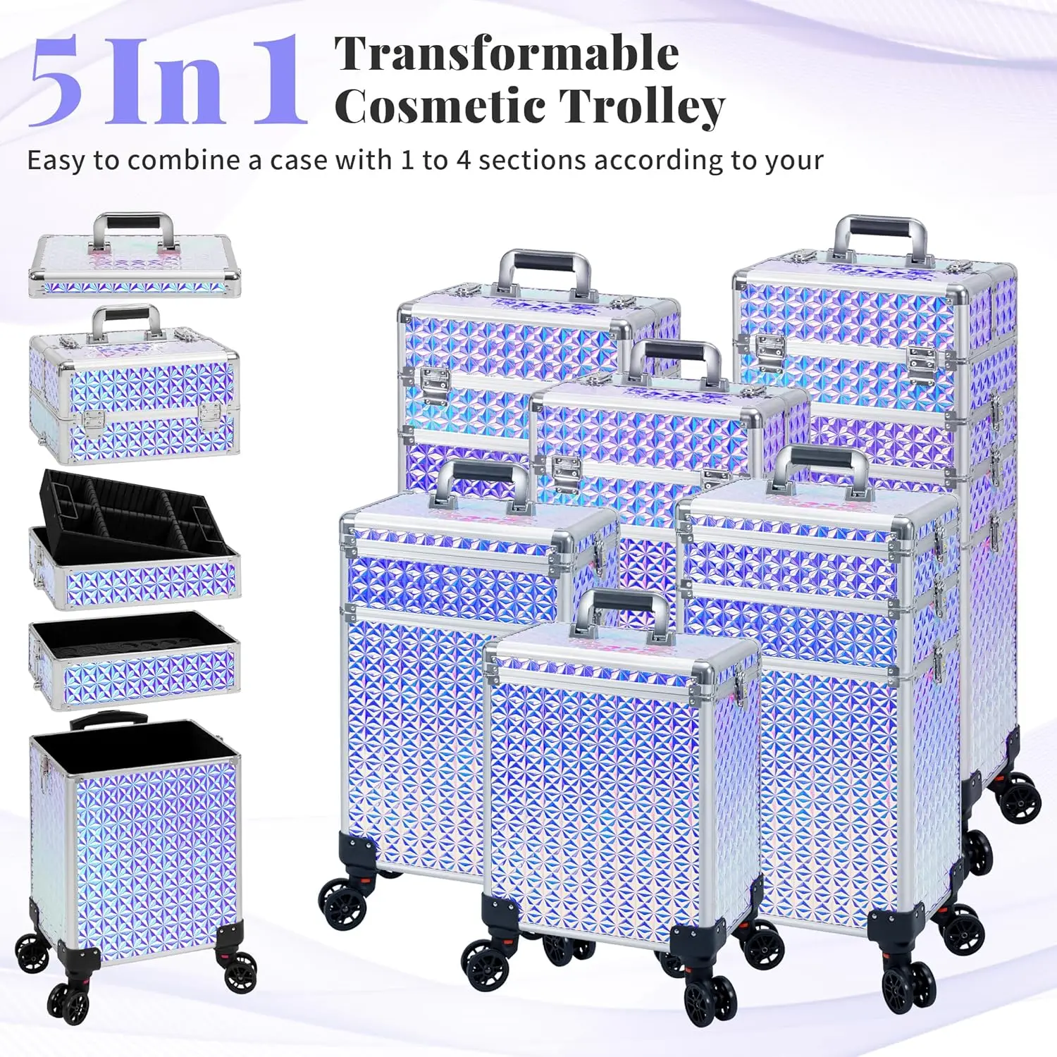 5 in 1 Rolling Makeup Train Case Cosmetology Case on Wheels Large Cosmetic Organizer Travel Cart for Nail Beauty Salon Barber