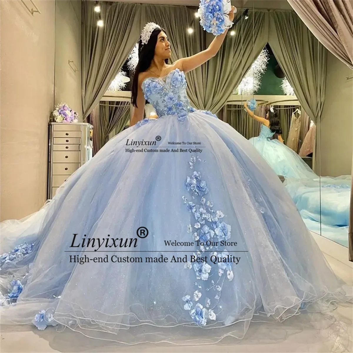 Princess Light Blue Quinceanera Dresses Handmade Flowers Ruffle Ball Gown 15 16 Year Old Girls Celebrity Birthday Party 2024