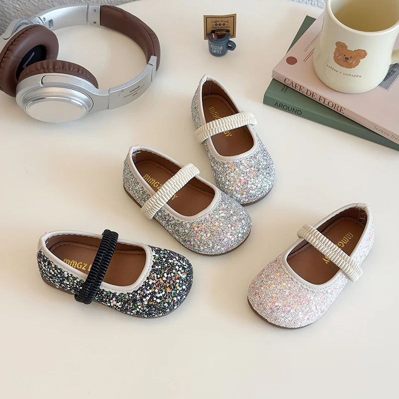 Summer Girl's Sandals Elastic Band Bling Round Toe Chic Kid's Flat Shoe Three Colors Anti-slip Light Party Daily Children Shoe