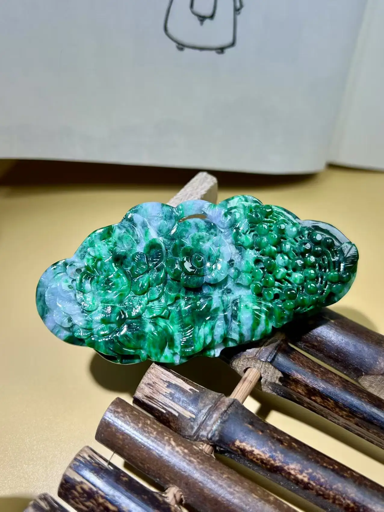 

Hand-Carved Full Green Jadeite Phoenix & Peony Pendant with Antique Ruyi Lock – Emblem of Prosperity, Renewal & Fulfilled Wishes