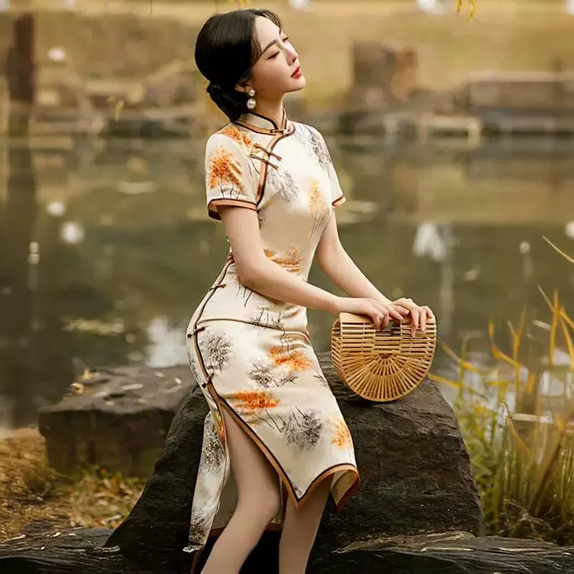 High Quality High-End New Chinese Real Silk Cheongsam Qipao Summer Retro Improved National Style Dress