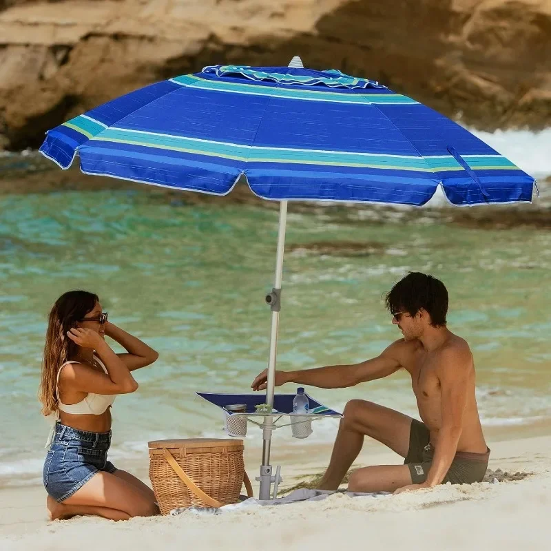 Heavy Duty High Wind Beach Umbrella, Built-in Table Tray&Tilt Pole,UPF 50+ Windproof Portable Outdoor Umbrellas Carry Bag