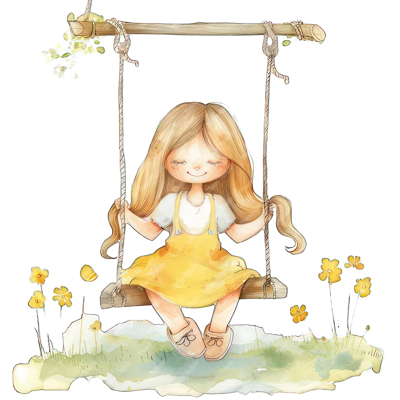 Three Ratels cute little girl swinging  Watercolor cartoon wall sticker for home decoration