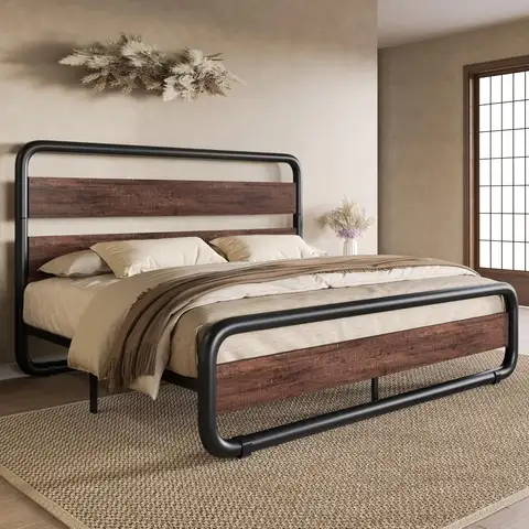 Queen Size Metal Bed Frame with Wooden Headboard and Footboard, Heavy Duty Oval Platform Bed with Under-Bed Storage, Noise Free