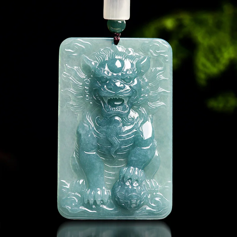 Natural A-grade Blue Water Jade Lion Pendant For Wealth Blessings Unisex Men's Charms Women's Jadeite Necklace Jewelry Drop Ship