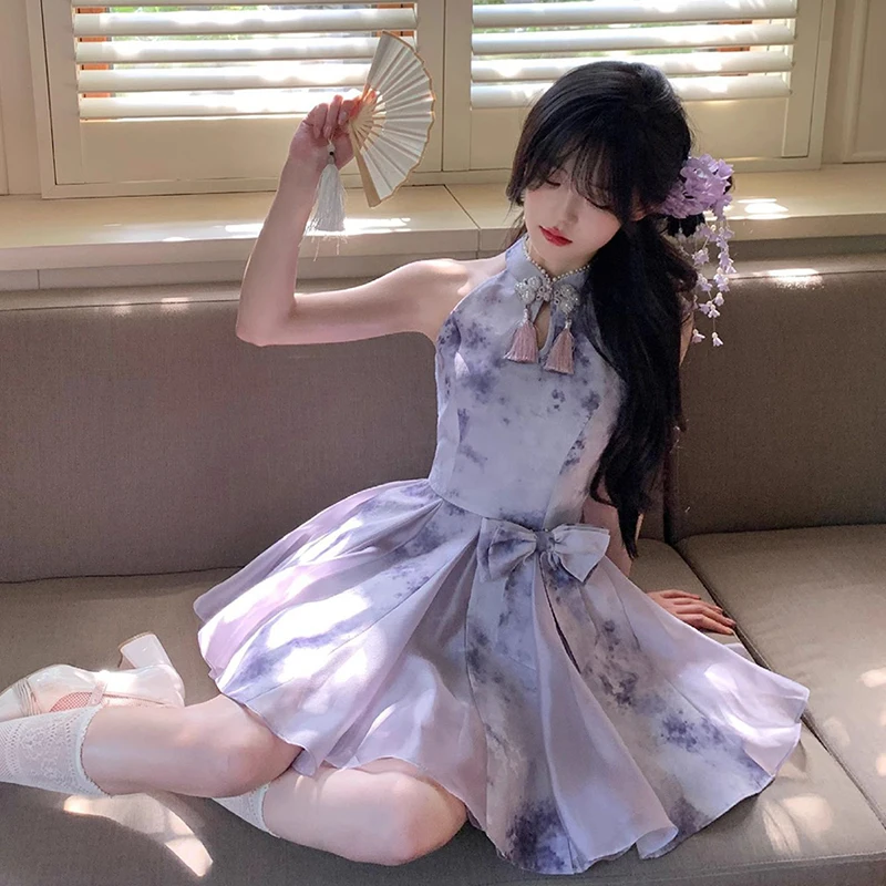 chinese inspired mini dress Retro black with white floral chinese dress qipao cheongsam improved dress  women Girly young elegant style short mini nightclub bar qipao dress