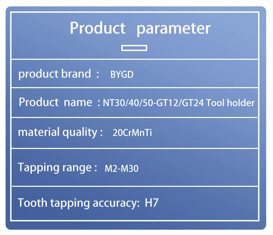 BYGD NT30 NT40 NT50 GT12 GT24 Werkzeughalter M2-M30 ISO JIS DIN GT Gewindebohrfutter Spannzangenhalter Werkzeughalterung – Detail 12