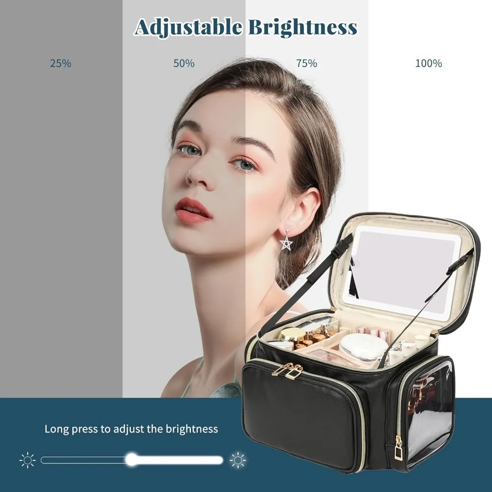 Large LED Mirror Makeup Bag with 3 Color Lights, Travel Cosmetic Organizer with Brush Compartment & Side Pockets - Leather Black