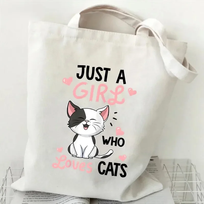 

Women's Canvas Shoulder Bag Just A Girl Who Loves Cats Print Shopping Bag 2024 Student Animal Tote Bags Cartoon Kitten Handbag