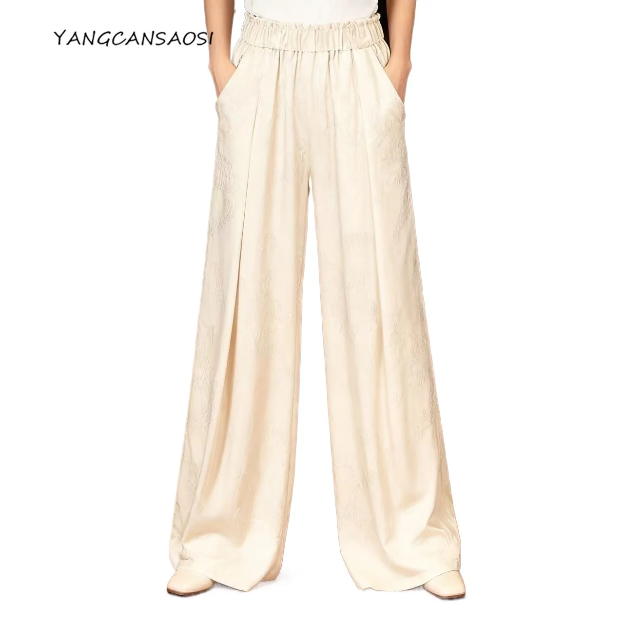 

Women's Fashion Spring/Autumn Clothing 100% Natural Mulberry Silk GuanLe Satin Champagne Loose High Waist Casual Wide Leg Pants