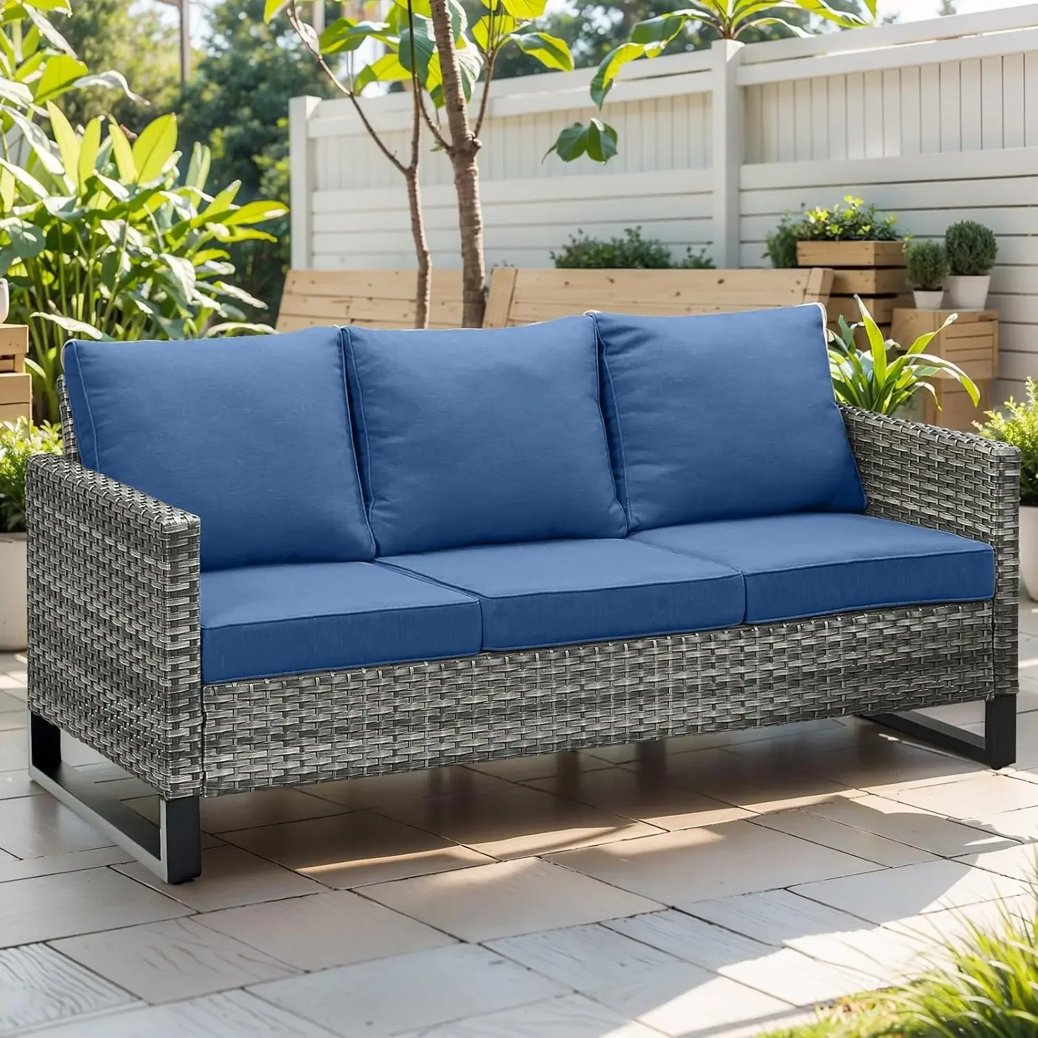 Luxury Wicker Outdoor Couch Patio Sofa - 3 Seater Rattan Outdoor Patio Couch Water Resistant,Comfortable Cushions and Sturdy Met