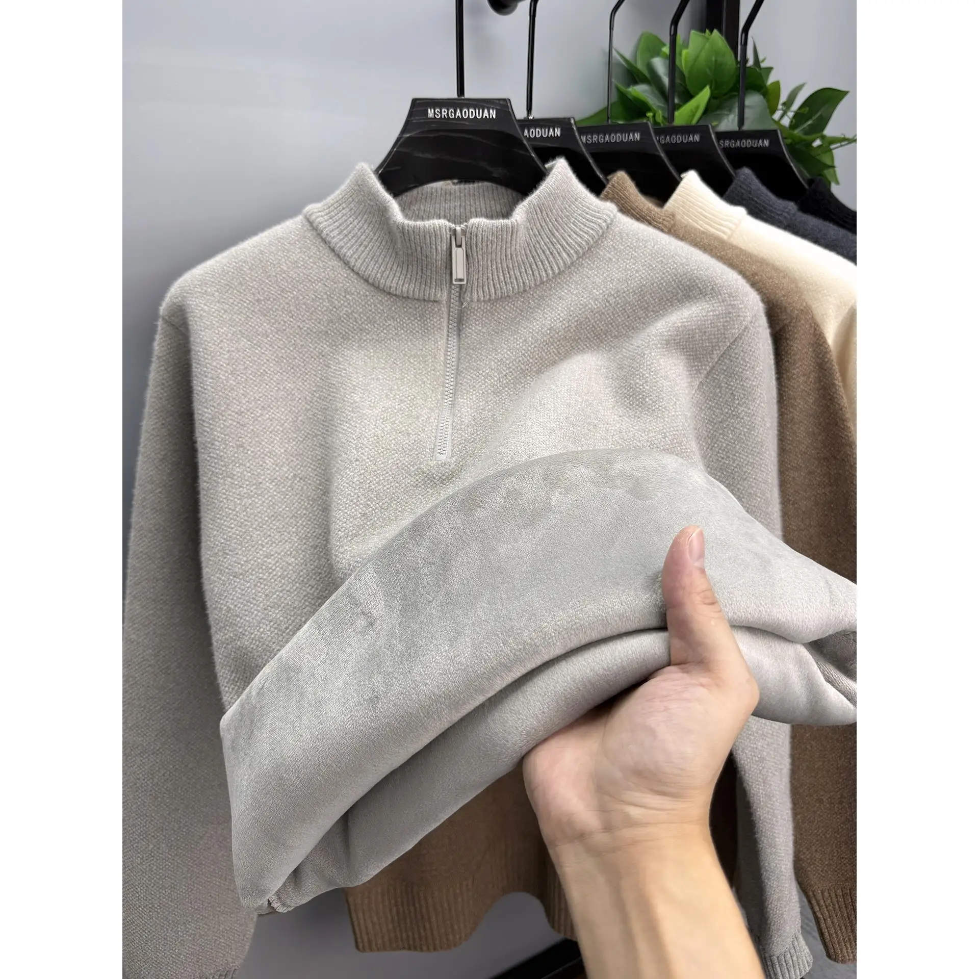 

Men's Winter Warm Thiened Fce Zipper Loose Fit Knitted Sweater High Collar Base irt Faion Urban Sle Polyester Nylon