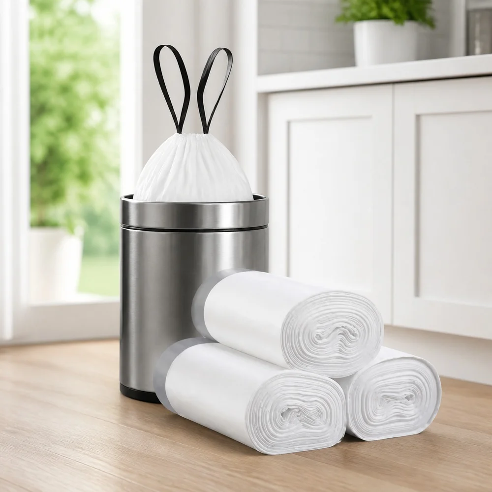 Trash Bags White Drawstring 1 Roll 40 Bags for Home Kitchen Bathroom Office Waste Baskets Bin Liners and Daily Cleaning Supplies