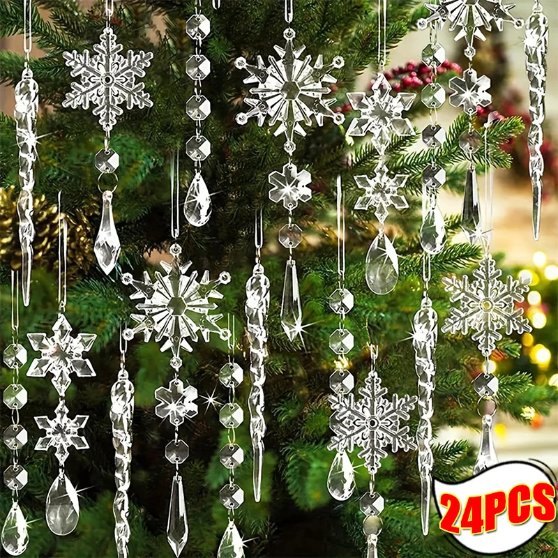 24/5PCS Crystal Clear Snowflake Icicle Pendants Acrylic Christmas Tree Ornament Christmas Holiday Home Party Hanging Decorations