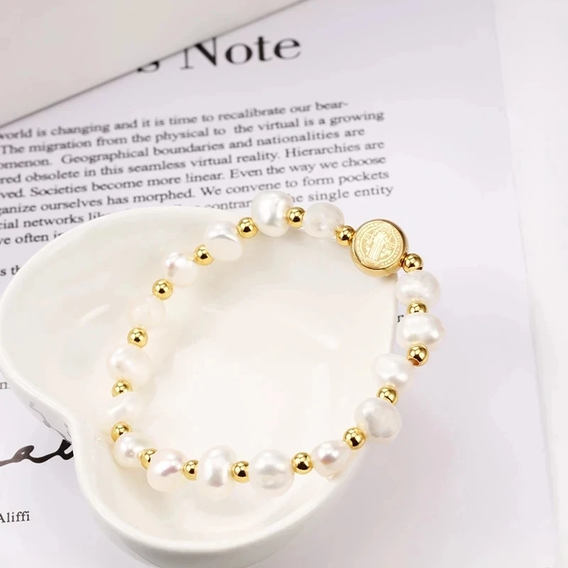 Stainless Steel San Benito Bracelets For Women Gold Color Metal St Benedict Bracelet Natural Pearl Bracelet Femme