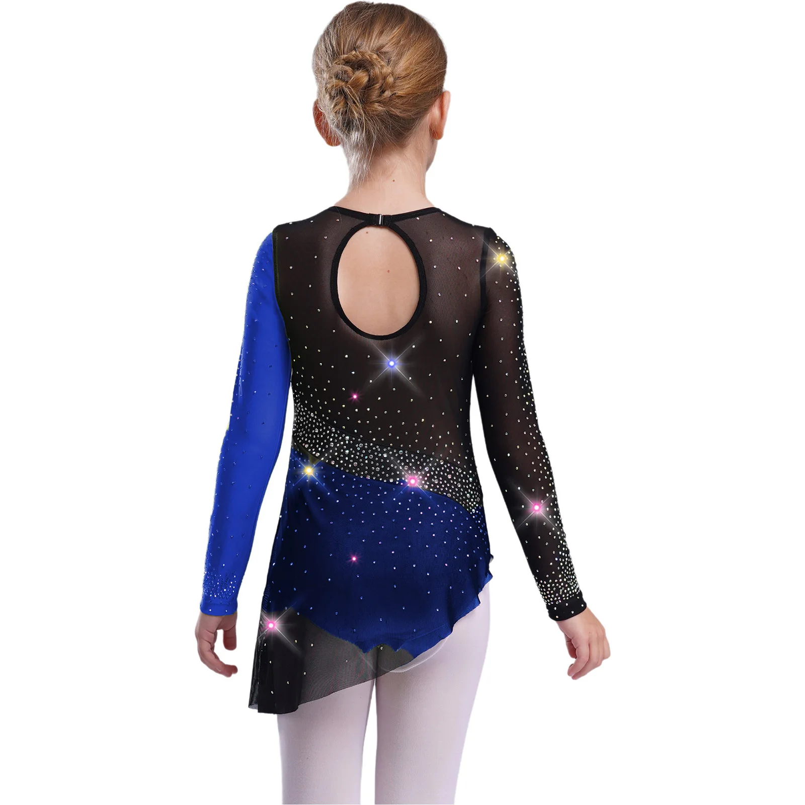 أطفال بنات الباليه اللاتينية ملابس رقص تألق الراين المرقعة بقماش شفاف كم طويل الباليه الجمباز يوتار فستان