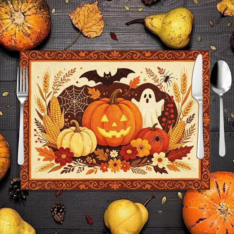 VIKAMA 2/4/6PCS Halloween Thanksgiving Meal Mat, Pumpkin Ghost Bat Maple Leaf Table Mat, Absorbent Non slip Table Decoration
