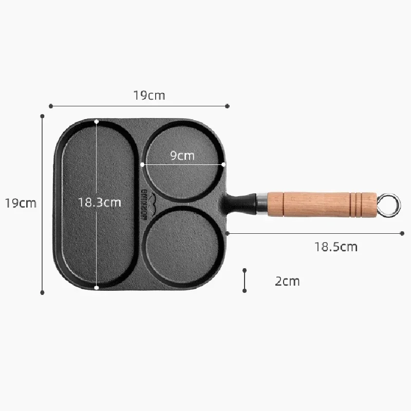 Three Cavities Cast Iron Omelet Pan for Breakfast, Non-stick Egg Frying Pan Cooker with Wooden Handle