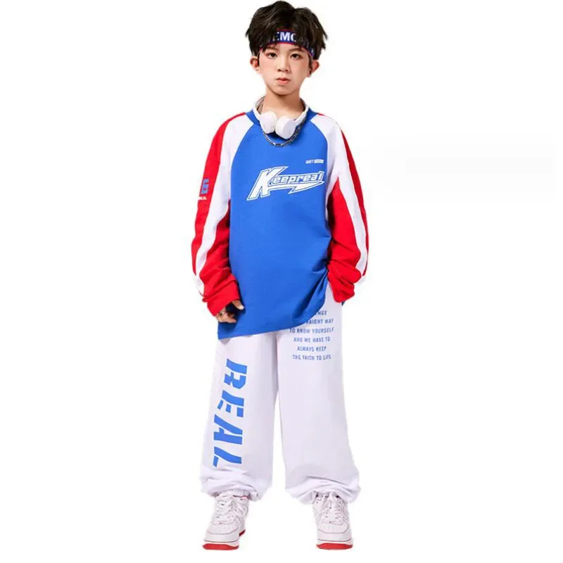 Blauwe Sweatshirt Jongens Streetdance Pullover Kleurrijke Cargobroek Meisjes Streetwear Jazz Kleding Sets Kinderen Hiphop Outfits